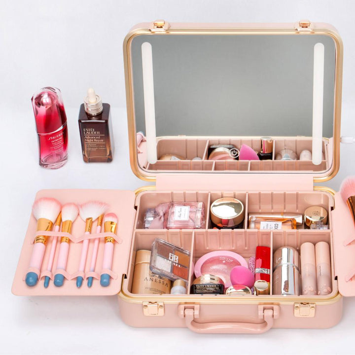LED Mirror Makeup Organizer - Cosmetic Storage Bag