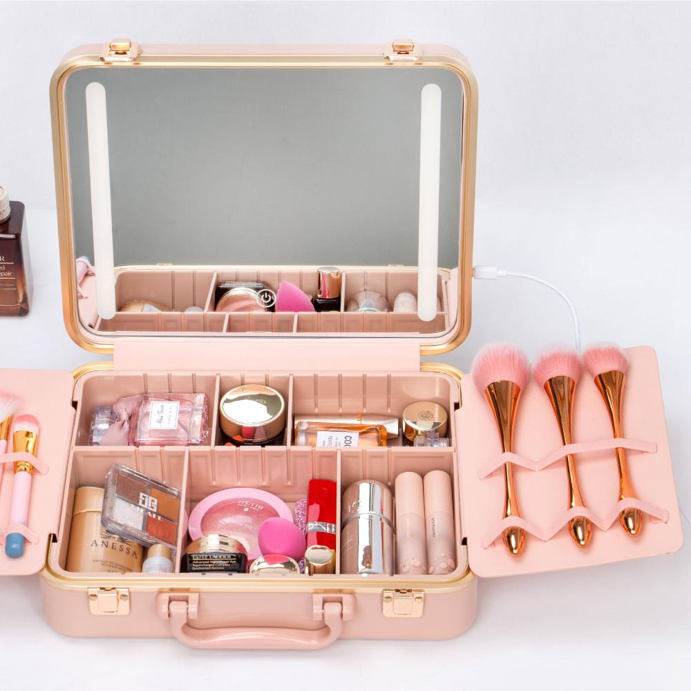 LED Mirror Makeup Organizer - Cosmetic Storage Bag
